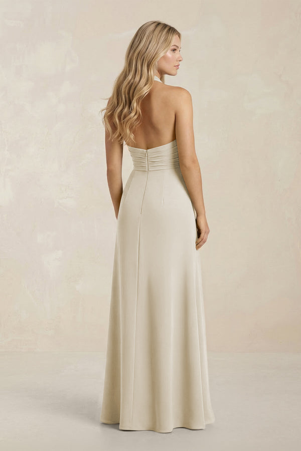 High Neck Chiffon Sheath Ruched Bridesmaid Dress in Dove Gray - SHE IS ME Bridesmaid Dresses