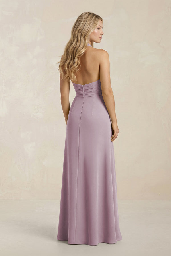 High Neck Chiffon Sheath Ruched Bridesmaid Dress in Dusk - SHE IS ME Bridesmaid Dresses