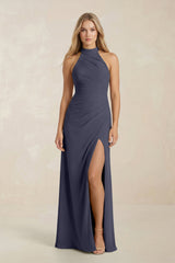 High Neck Chiffon Sheath Ruched Bridesmaid Dress in Dusk Blue - KISS BRIDAL Bridesmaid Dresses
