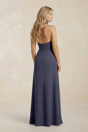 High Neck Chiffon Sheath Ruched Bridesmaid Dress in Dusk Blue - SHE IS ME Bridesmaid Dresses