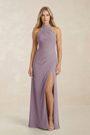 High Neck Chiffon Sheath Ruched Bridesmaid Dress in Dusk | KISSBRIDAL