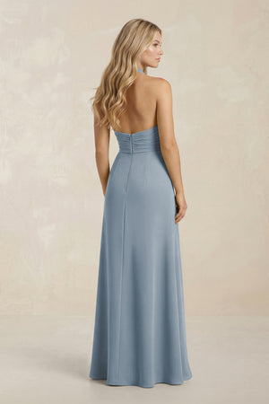 High Neck Chiffon Sheath Ruched Bridesmaid Dress in Dusty Blue (2) | KISSBRIDAL