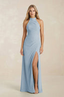 High Neck Chiffon Sheath Ruched Bridesmaid Dress in Dusty Blue - SHE IS ME Bridesmaid Dresses