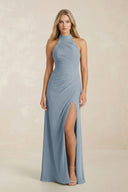 High Neck Chiffon Sheath Ruched Bridesmaid Dress in Dusty Blue | KISSBRIDAL