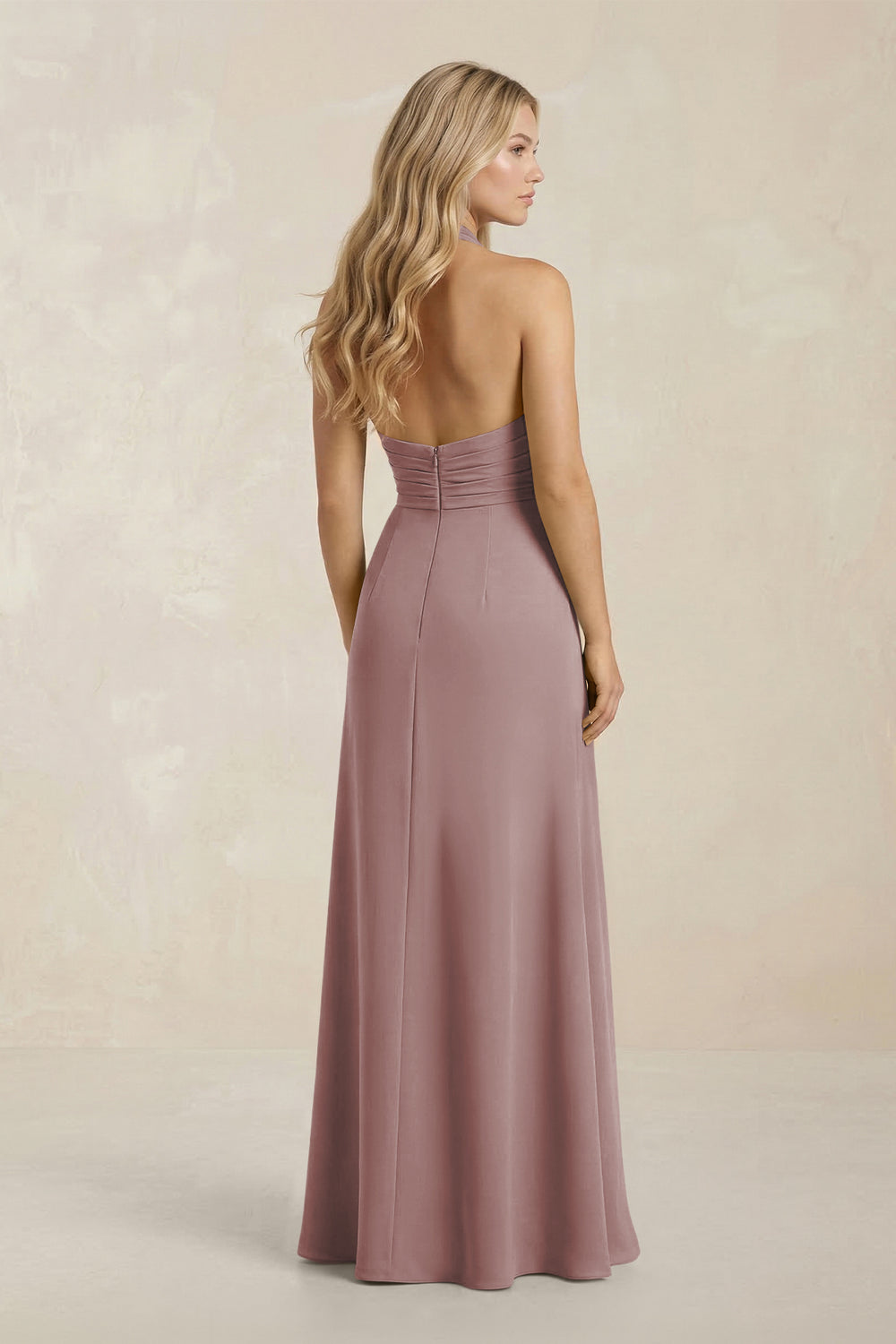 High Neck Chiffon Sheath Ruched Bridesmaid Dress in Dusty Rose
