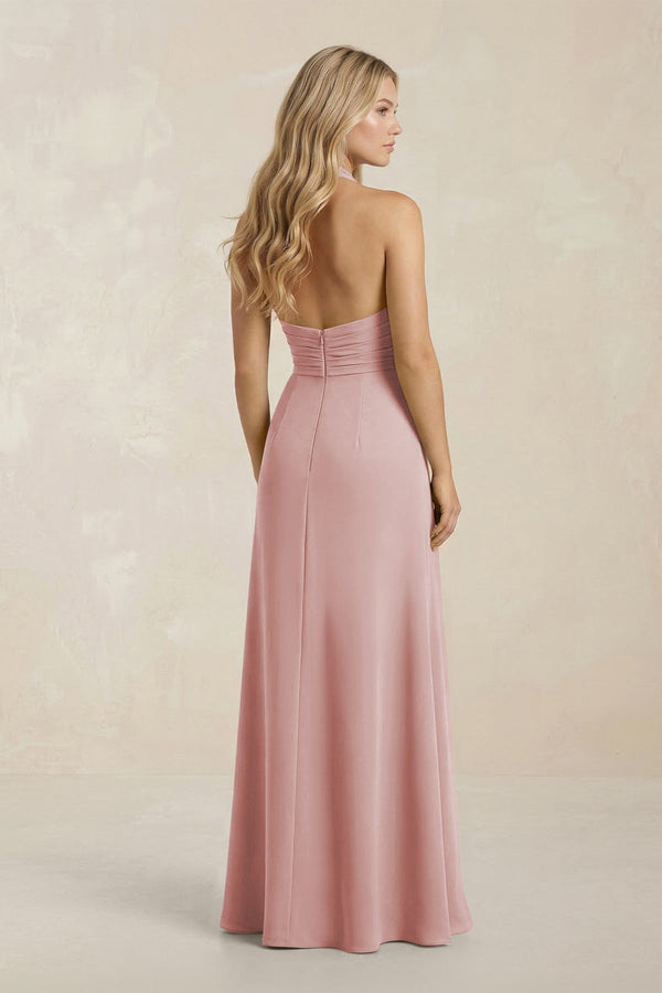 High Neck Chiffon Sheath Ruched Bridesmaid Dress in Dusty Rose - SHE IS ME Bridesmaid Dresses