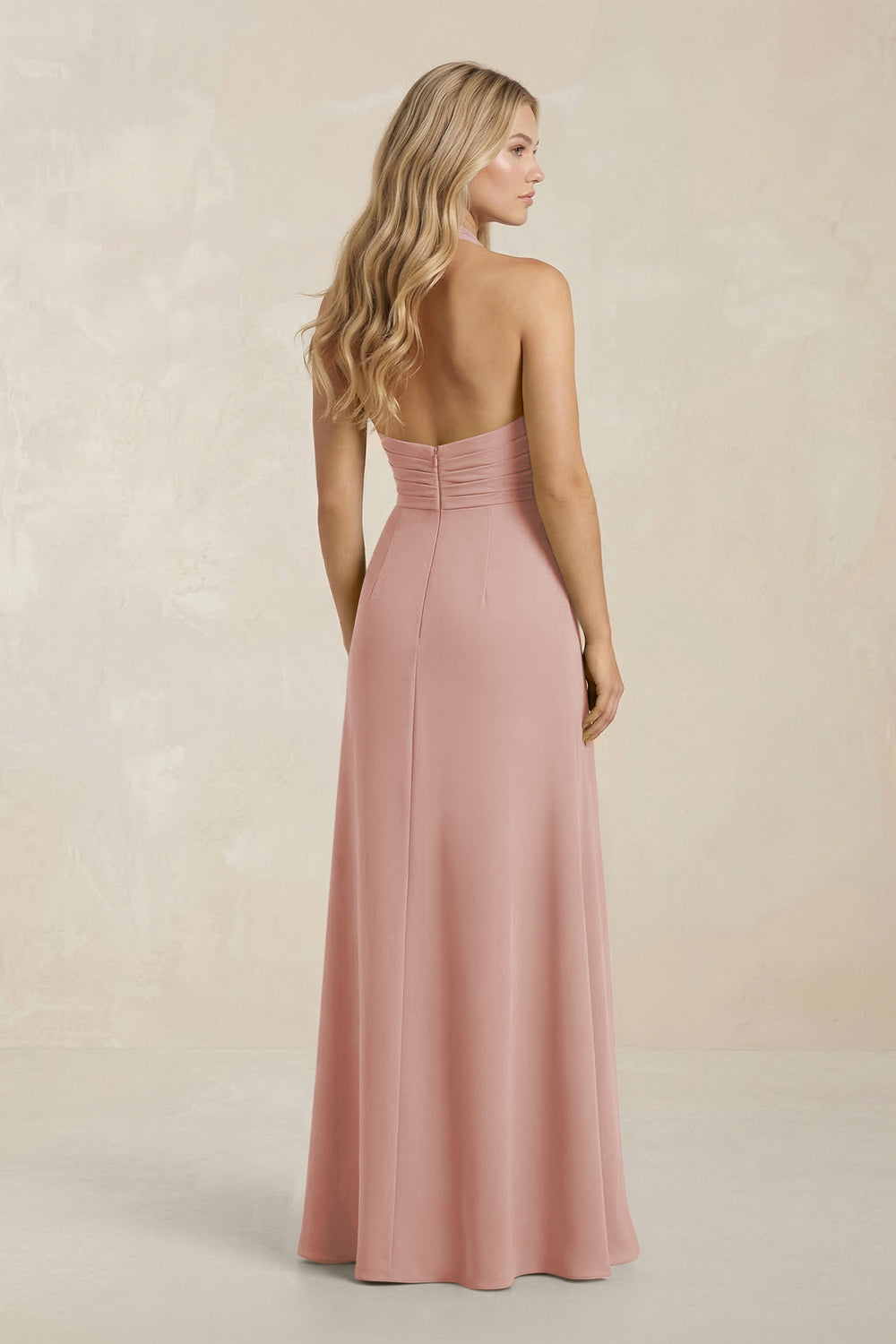 High Neck Chiffon Sheath Ruched Bridesmaid Dress in English Rose