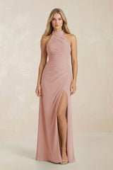 High Neck Chiffon Sheath Ruched Bridesmaid Dress in English Rose | KISSBRIDAL