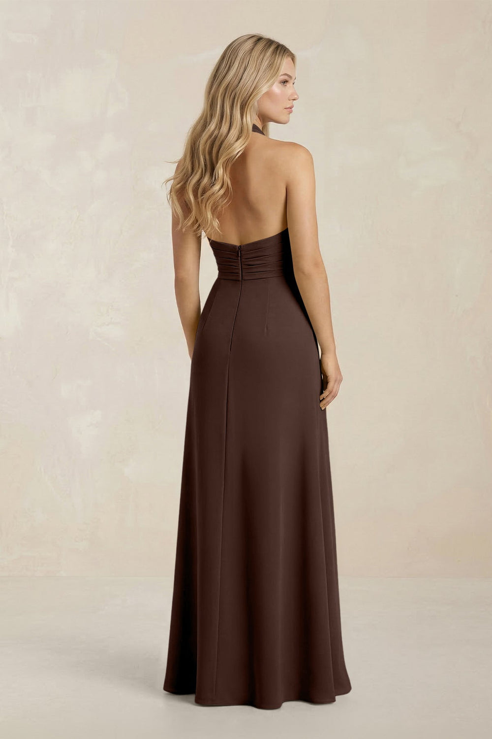 High Neck Chiffon Sheath Ruched Bridesmaid Dress in Espresso - KISS BRIDAL Bridesmaid Dresses