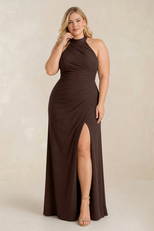 High Neck Chiffon Sheath Ruched Bridesmaid Dress in Espresso - KISS BRIDAL Bridesmaid Dresses[sizeplus]