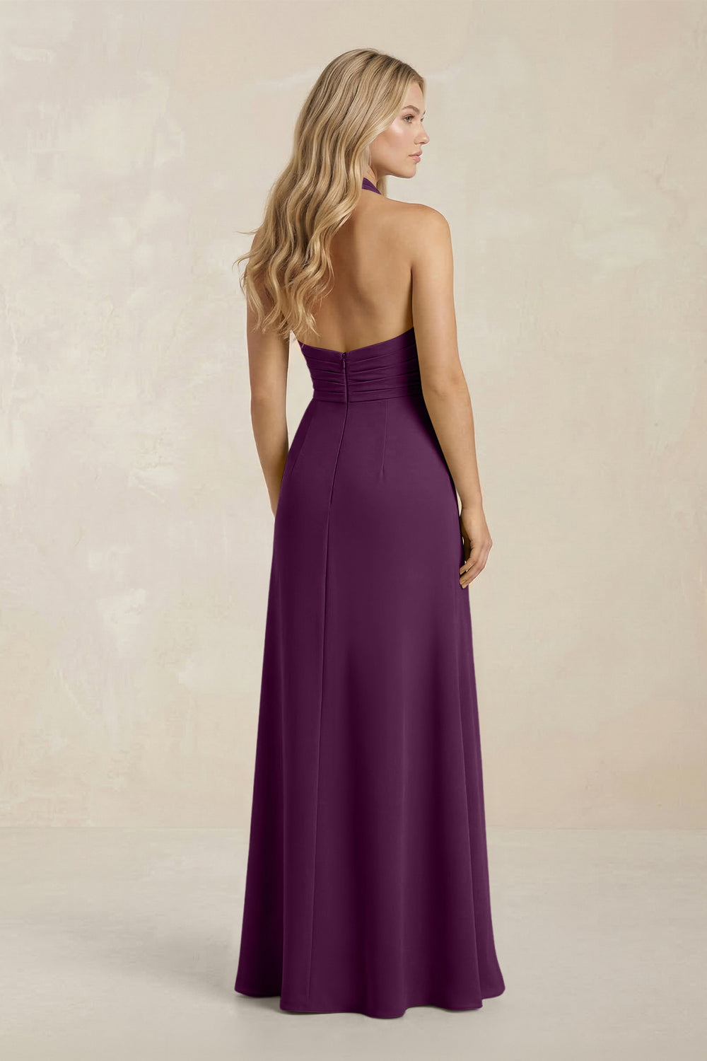 High Neck Chiffon Sheath Ruched Bridesmaid Dress in Fig