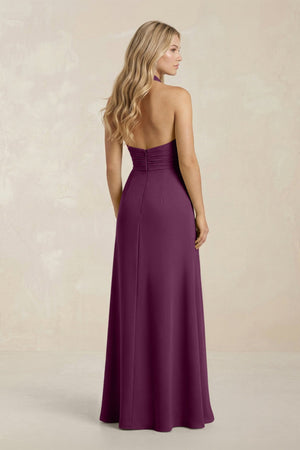 High Neck Chiffon Sheath Ruched Bridesmaid Dress in Fig - SHE IS ME Bridesmaid Dresses