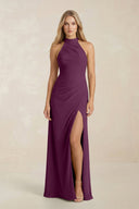 High Neck Chiffon Sheath Ruched Bridesmaid Dress in Fig - SHE IS ME Bridesmaid Dresses