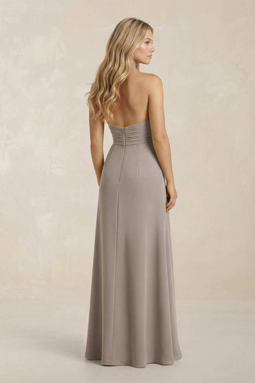 High Neck Chiffon Sheath Ruched Bridesmaid Dress in Frost