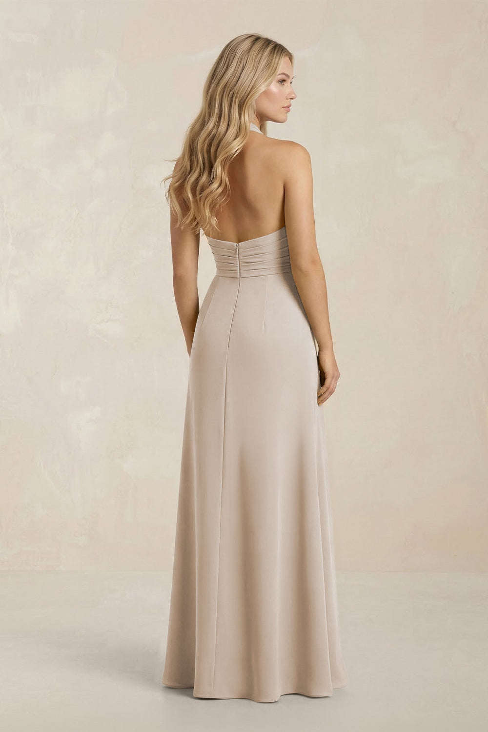 High Neck Chiffon Sheath Ruched Bridesmaid Dress in Frost - KISS BRIDAL Bridesmaid Dresses