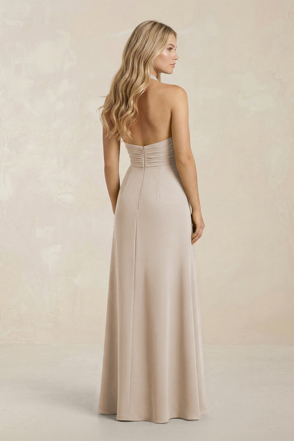 High Neck Chiffon Sheath Ruched Bridesmaid Dress in Frost - SHE IS ME Bridesmaid Dresses