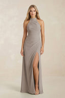 High Neck Chiffon Sheath Ruched Bridesmaid Dress in Frost | KISSBRIDAL