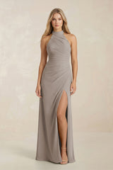 High Neck Chiffon Sheath Ruched Bridesmaid Dress in Frost | KISSBRIDAL
