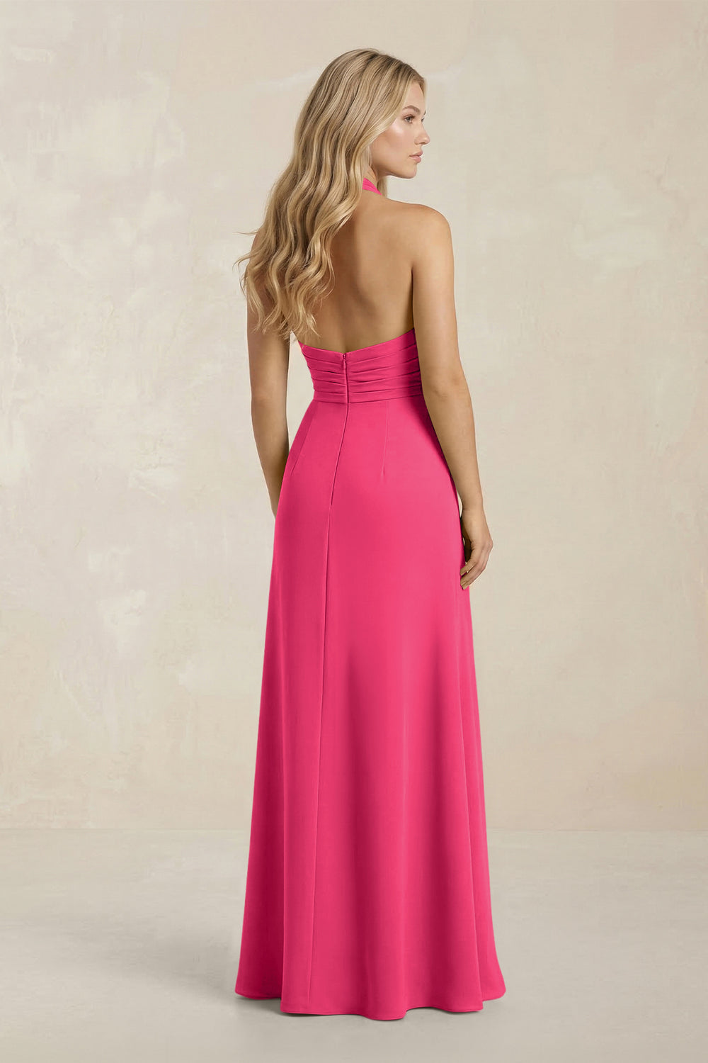 High Neck Chiffon Sheath Ruched Bridesmaid Dress in Fuchsia