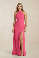 High Neck Chiffon Sheath Ruched Bridesmaid Dress in Fuchsia - SHE IS ME Bridesmaid Dresses