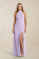 High Neck Chiffon Sheath Ruched Bridesmaid Dress in Lavender - SHE IS ME Bridesmaid Dresses