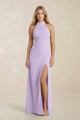 High Neck Chiffon Sheath Ruched Bridesmaid Dress in Lavender - KISS BRIDAL Bridesmaid Dresses