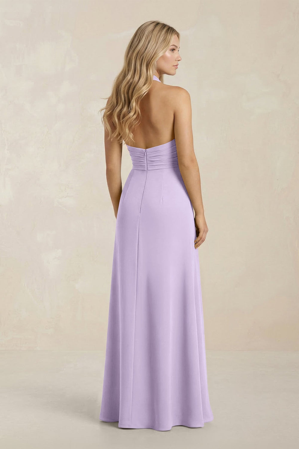 High Neck Chiffon Sheath Ruched Bridesmaid Dress in Lavender - KISS BRIDAL Bridesmaid Dresses