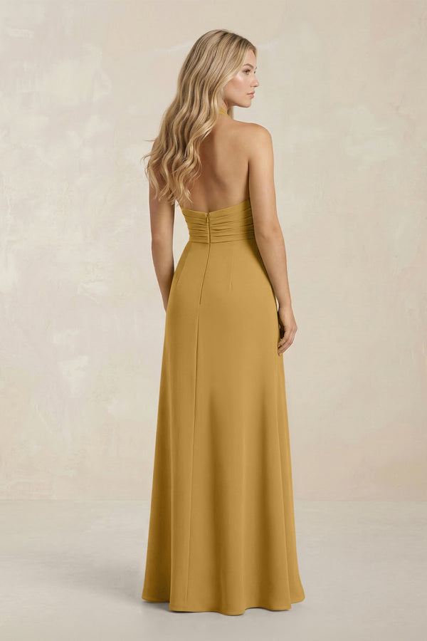 High Neck Chiffon Sheath Ruched Bridesmaid Dress in Marigold (2) | KISSBRIDAL