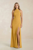High Neck Chiffon Sheath Ruched Bridesmaid Dress in Marigold - SHE IS ME Bridesmaid Dresses