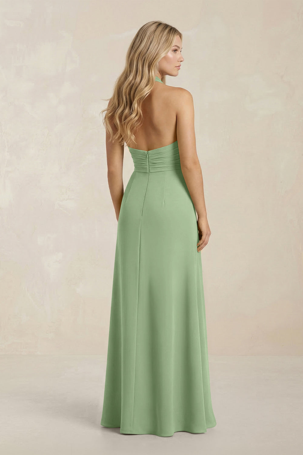 High Neck Chiffon Sheath Ruched Bridesmaid Dress in Matcha