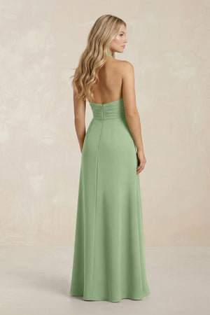 High Neck Chiffon Sheath Ruched Bridesmaid Dress in Matcha (2) | KISSBRIDAL
