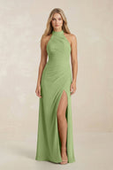 High Neck Chiffon Sheath Ruched Bridesmaid Dress in Matcha - SHE IS ME Bridesmaid Dresses