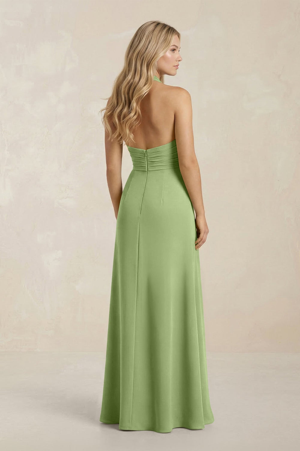 High Neck Chiffon Sheath Ruched Bridesmaid Dress in Matcha - KISS BRIDAL Bridesmaid Dresses