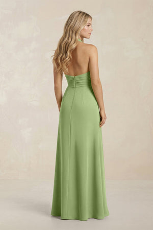 High Neck Chiffon Sheath Ruched Bridesmaid Dress in Matcha - SHE IS ME Bridesmaid Dresses