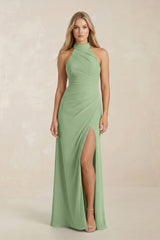 High Neck Chiffon Sheath Ruched Bridesmaid Dress in Matcha | KISSBRIDAL