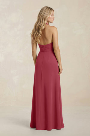 High Neck Chiffon Sheath Ruched Bridesmaid Dress in Merlot (2) | KISSBRIDAL