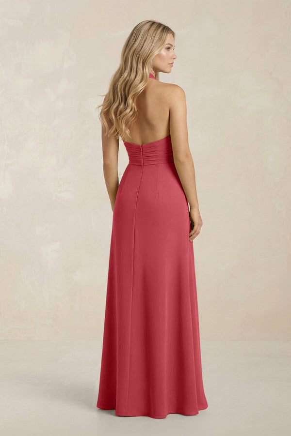 High Neck Chiffon Sheath Ruched Bridesmaid Dress in Merlot - SHE IS ME Bridesmaid Dresses