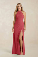 High Neck Chiffon Sheath Ruched Bridesmaid Dress in Merlot - SHE IS ME Bridesmaid Dresses