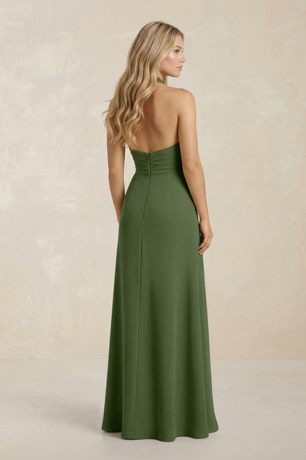 High Neck Chiffon Sheath Ruched Bridesmaid Dress in Moss