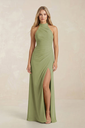 High Neck Chiffon Sheath Ruched Bridesmaid Dress in Moss Green - SHE IS ME Bridesmaid Dresses