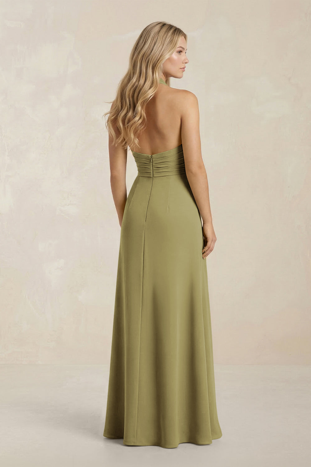 High Neck Chiffon Sheath Ruched Bridesmaid Dress in Moss Green