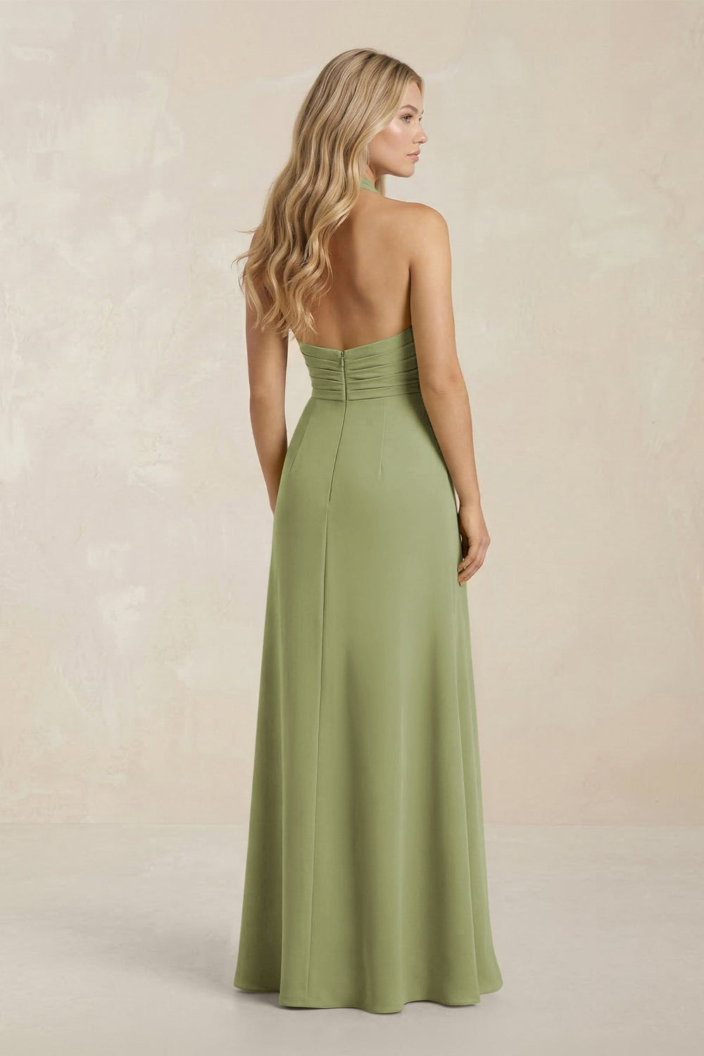 High Neck Chiffon Sheath Ruched Bridesmaid Dress in Moss Green - KISS BRIDAL Bridesmaid Dresses