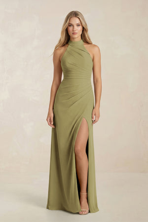 High Neck Chiffon Sheath Ruched Bridesmaid Dress in Moss Green | KISSBRIDAL