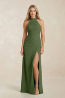 High Neck Chiffon Sheath Ruched Bridesmaid Dress in Moss | KISSBRIDAL