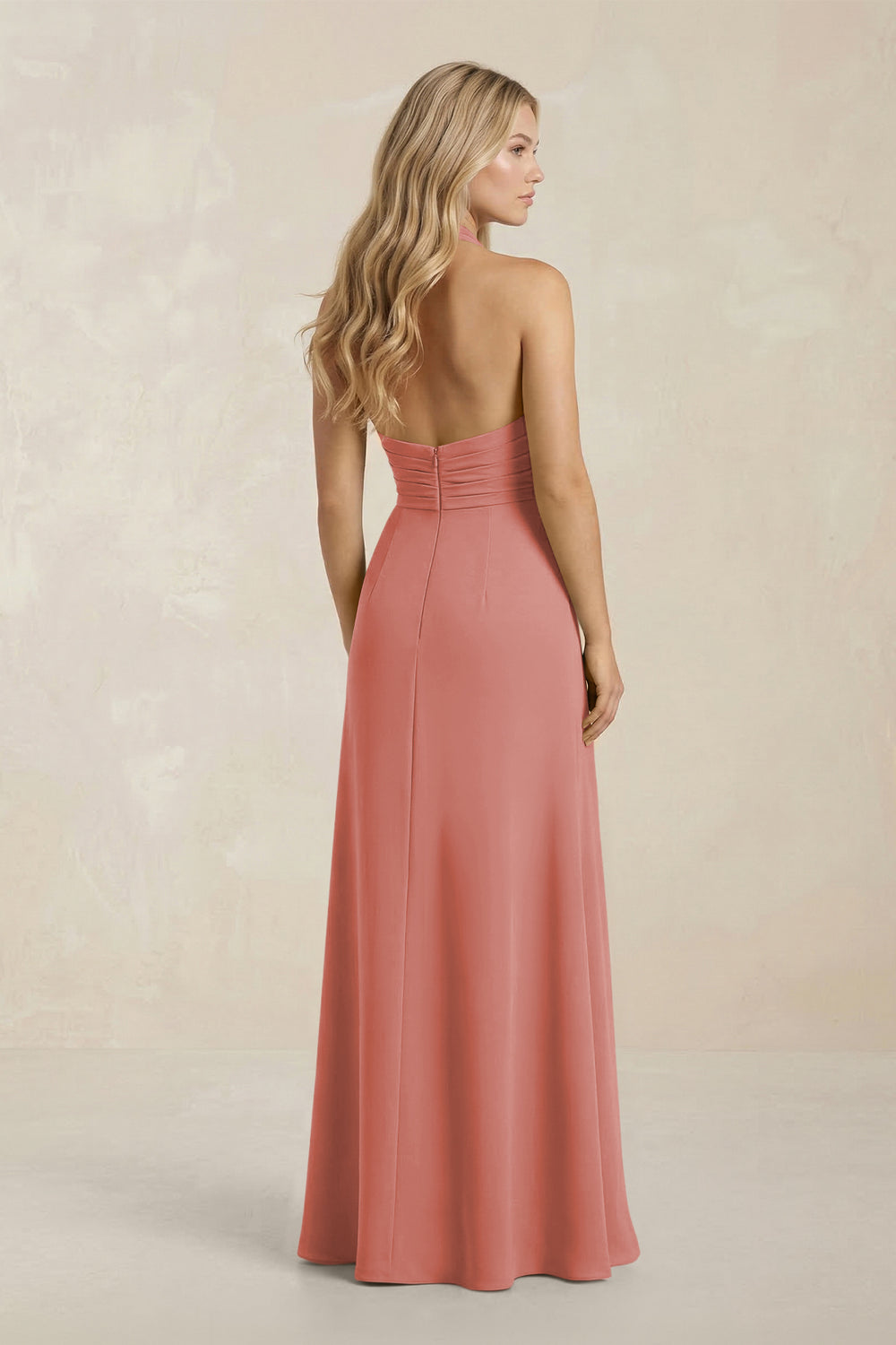 High Neck Chiffon Sheath Ruched Bridesmaid Dress in Mulberry