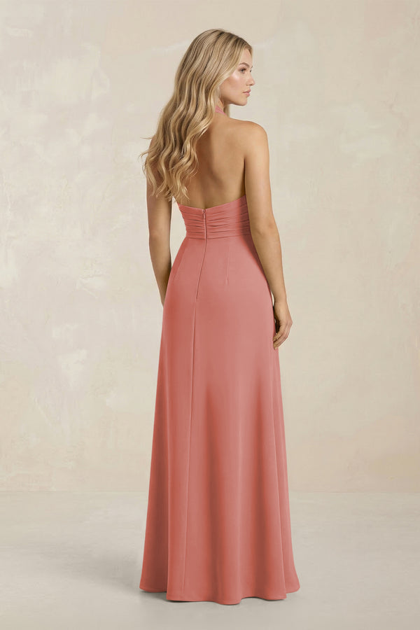 High Neck Chiffon Sheath Ruched Bridesmaid Dress in Mulberry (2) | KISSBRIDAL