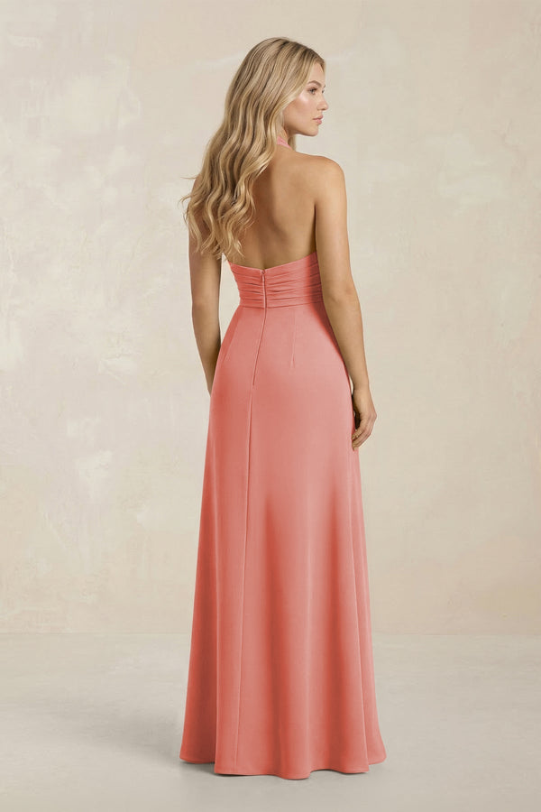High Neck Chiffon Sheath Ruched Bridesmaid Dress in Mulberry - SHE IS ME Bridesmaid Dresses