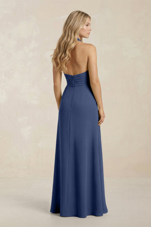 High Neck Chiffon Sheath Ruched Bridesmaid Dress in Navy - SHE IS ME Bridesmaid Dresses
