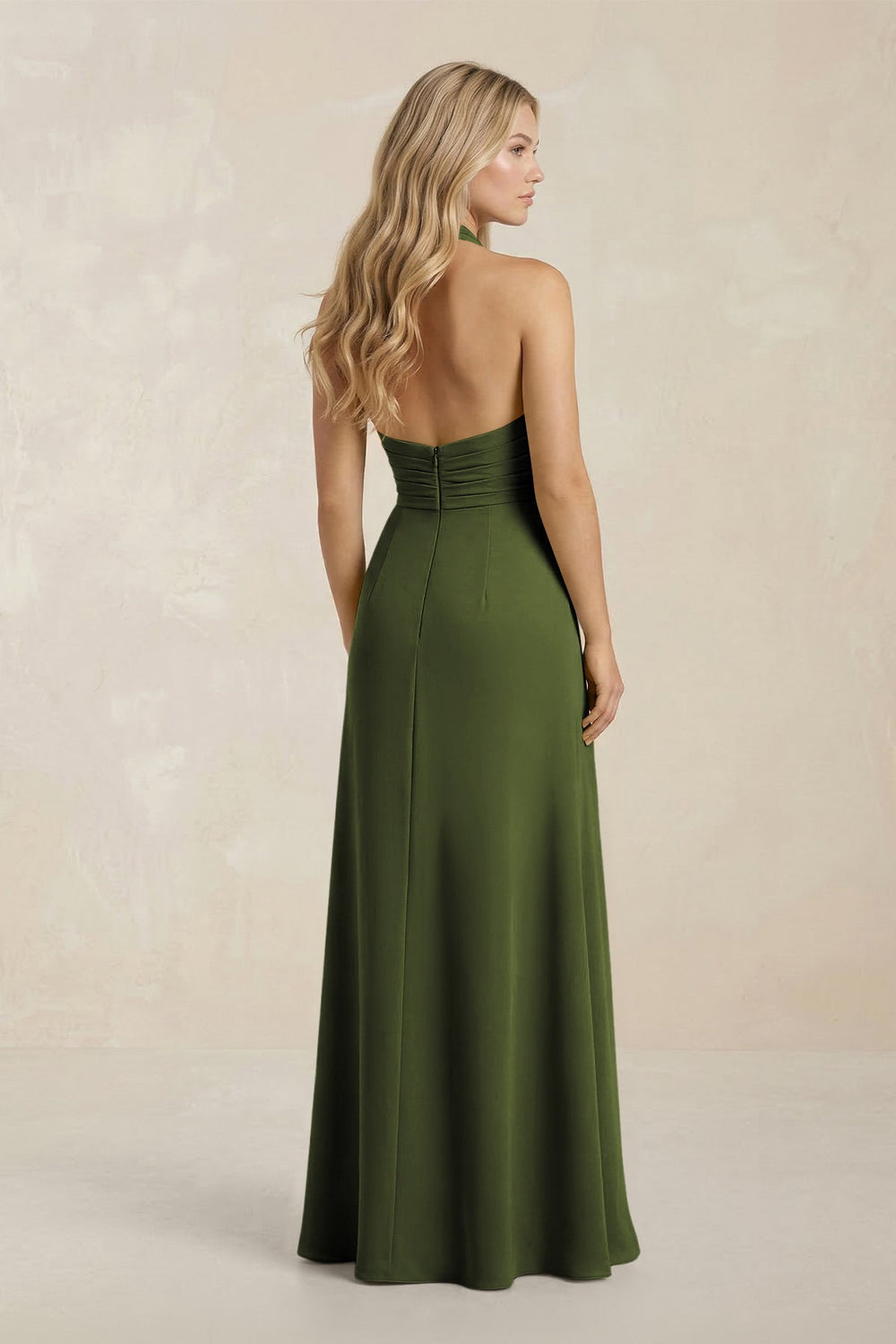 High Neck Chiffon Sheath Ruched Bridesmaid Dress in Olive - KISS BRIDAL Bridesmaid Dresses