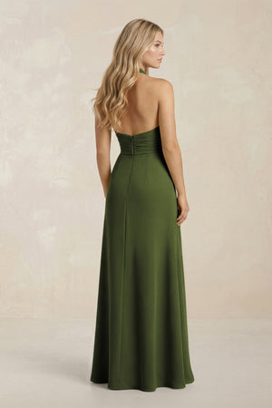 High Neck Chiffon Sheath Ruched Bridesmaid Dress in Olive - SHE IS ME Bridesmaid Dresses